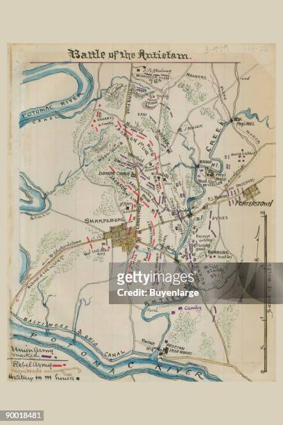Conveys the placement of Union and Confederate forces in Washington County, Md., around Sharpsburg during the Battle of Antietam on September 17,...