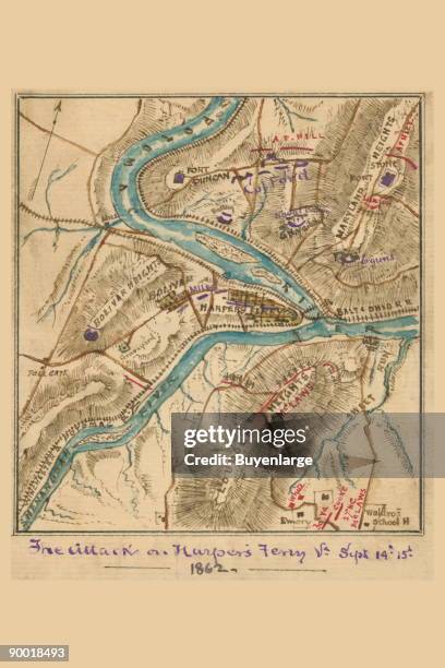 Shows the area surrounding Harper's Ferry, W. Va., at the intersection of the Potomac and Shenandoah Rivers as the Confederate forces under Jackson...