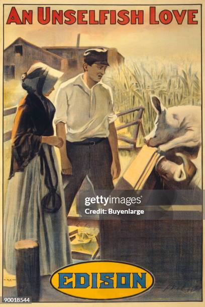 Silent era film poster of a man and a woman standing by a hog pen. This film was shot by Edison. Thomas Alva Edison was a pioneer of this new medium,...