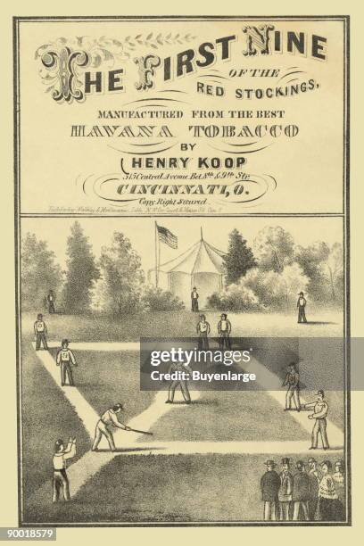 Tobacco package label showing baseball players on the field during game, view from behind home plate, with spectators along first base line.