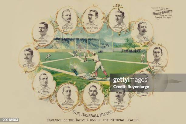 Captains of the twelve baseball teams in the National League, arranged around a scene showing a base-runner attempting to steal second base during a...