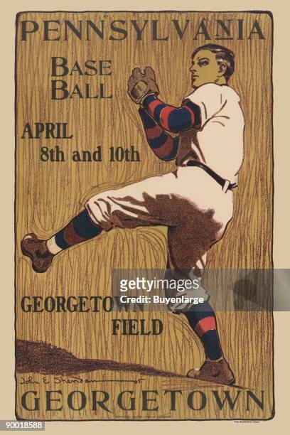 College sports poster of baseball player winding up to pitch for a game between the University of Pennsylvania and Georgetown University.