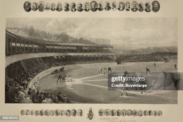 Boston Beaneaters team playing at South End Grounds as spectators watch from the grandstand; inset with photographic portraits of baseball players...
