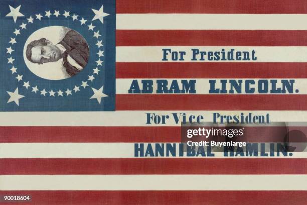 Campaign banner for Republican presidential candidate Abraham Lincoln and running mate Hannibal Hamlin. Lincoln's first name is given here as...