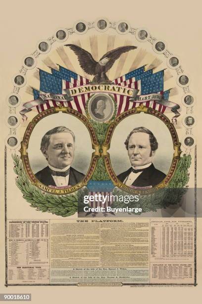 Portraits of Democratic presidential candidate Samuel J. Tilden and running mate Thomas A. Hendricks and smaller medallion portraits. The candidates...