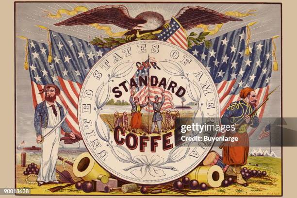 Label for coffee, illustrated with a U.S. Sailor, two Zouaves, a soldier, and an eagle over U.S. Flags