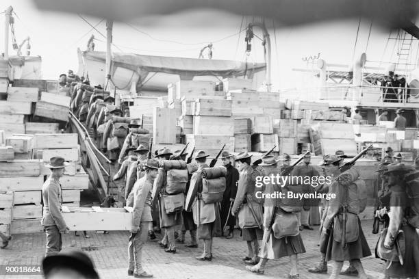 Army transport ship Meade with American Marines mobilizing at League Island, Philadelphia Naval Shipyard, PA, in Feb. 1913, before going to...