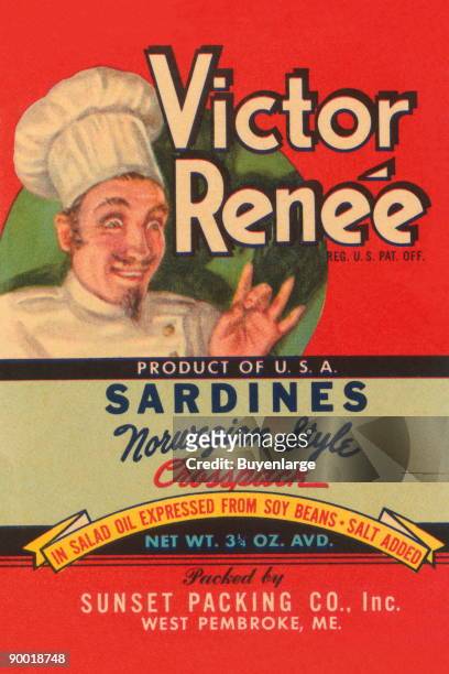 Can label for Victor Renee Norwegian style sardines featuring a very pleased chef. Made in the USA, they were packed in salad oil expressed from soy...
