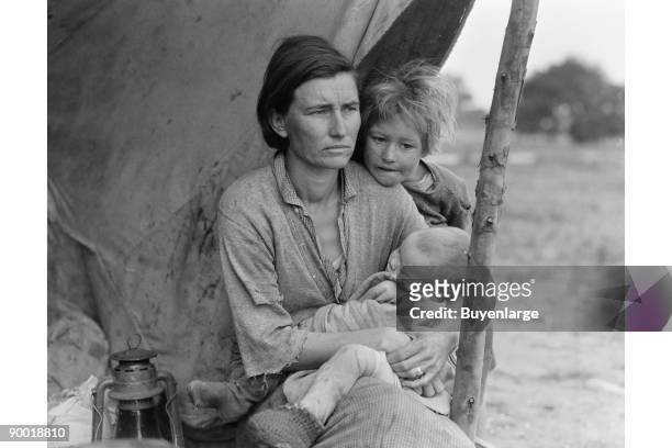 Migrant agricultural worker's family. Seven hungry children. Mother aged thirty-two. Father is a native Californian. Destitute in pea picker's camp,...