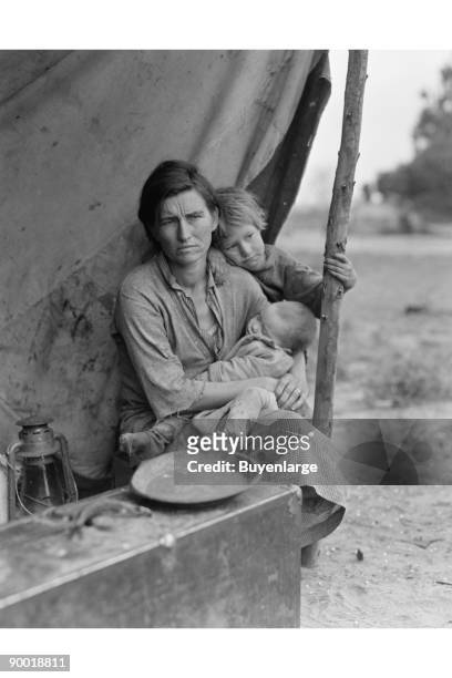 Migrant agricultural worker's family. Seven hungry children. Mother aged thirty-two. Father is a native Californian. Destitute in pea picker's camp,...
