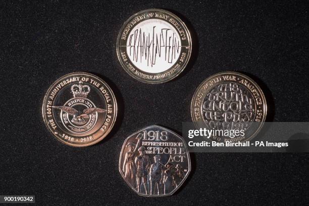 Four new circulation coin designs from the Royal Mint featuring a Frankenstein design on a &pound;2 coin, top, a &pound;2 coin commemorating the...