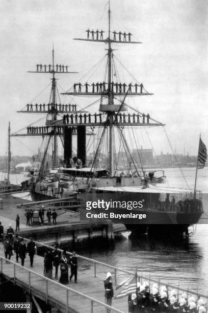 Atlanta manning the yards in honor of Queen Kapiolani of the Sandwich Islands, at the Brooklyn Navy Yard, May 1887. She was on her way to England for...