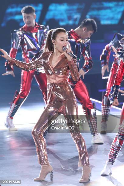 Singer Joey Yung performs onstage during the Shanghai Dragon TV New Year's Eve gala on December 31, 2017 in Shanghai, China.