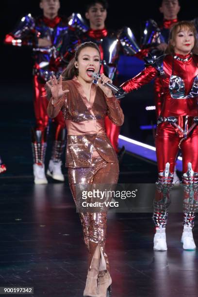 Singer Joey Yung performs onstage during the Shanghai Dragon TV New Year's Eve gala on December 31, 2017 in Shanghai, China.