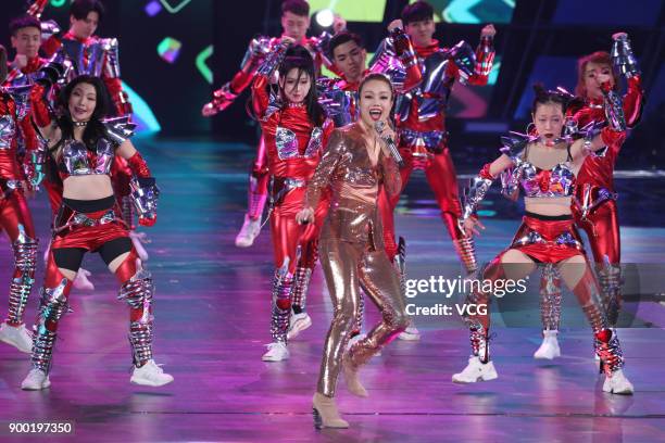 Singer Joey Yung performs onstage during the Shanghai Dragon TV New Year's Eve gala on December 31, 2017 in Shanghai, China.