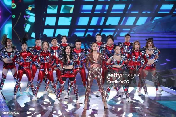 Singer Joey Yung performs onstage during the Shanghai Dragon TV New Year's Eve gala on December 31, 2017 in Shanghai, China.