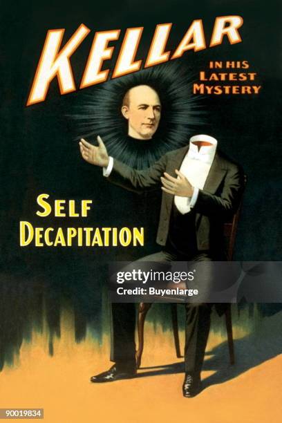 Theater poster showing magician Harry Kellar's body sitting in chair with head floating in mid-air