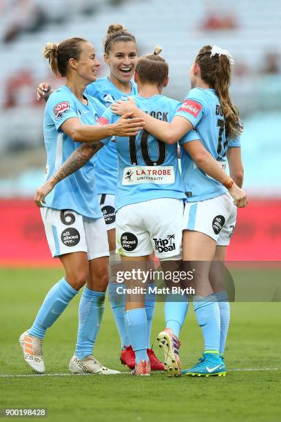 Melbourne City celebrate the goal scored by Jessica Fishlock of Melbourne City during the round nine W-League match between the Western Sydney...