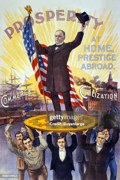 Campaign poster showing William McKinley holding U.S. Flag and standing on gold coin "sound money", held up by group of men, in front of ships...