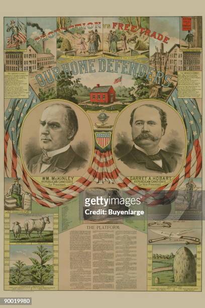 Republican Party presidential campaign poster shows head-and-shoulder portraits of William McKinley holding U.S. Flag and standing on the gold coin...