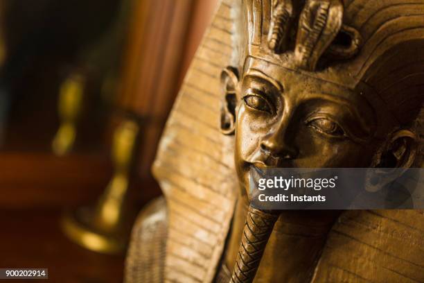 bronze color bust of egyptian king tutankhamun made with plaster. - tutankhamun stock pictures, royalty-free photos & images