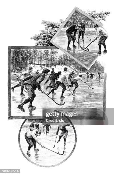 ilustraciones, imágenes clip art, dibujos animados e iconos de stock de hombres jugando hockey sobre hielo en lago congelado - mens ice hockey