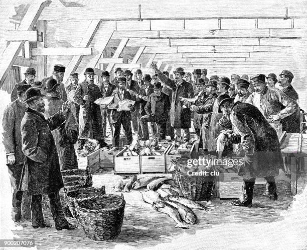 fish auction in a sales hall - antique auction stock illustrations