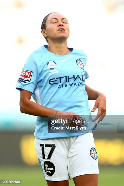 Kyah Simon of Melbourne City reacts during the round nine W-League match between the Western Sydney Wanderers and Melbourne City at ANZ Stadium on...