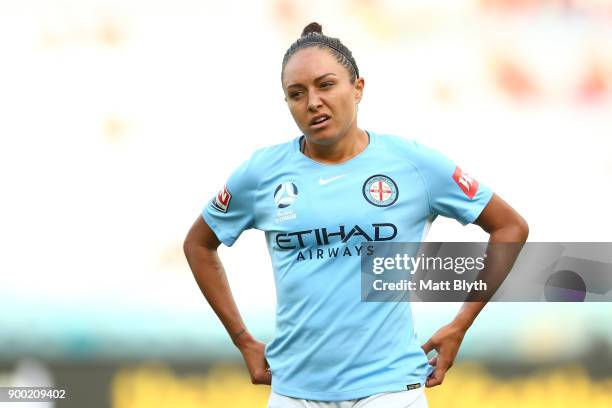 Kyah Simon of Melbourne City reacts during the round nine W-League match between the Western Sydney Wanderers and Melbourne City at ANZ Stadium on...