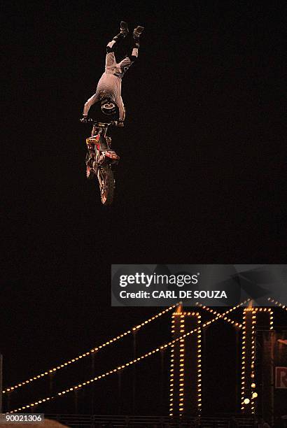 Motorcross rider Mike Mason is pictured in action at Battersea Power Station, in London on August 22, 2009. The rider was competing in the Red Bull X...