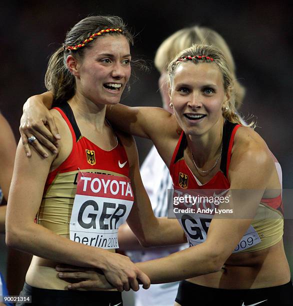 Claudia Hoffman of Germany celebrates with her team mates after they won third place in the women's 4x400 Metres Relay Heatsduring day eight of the...