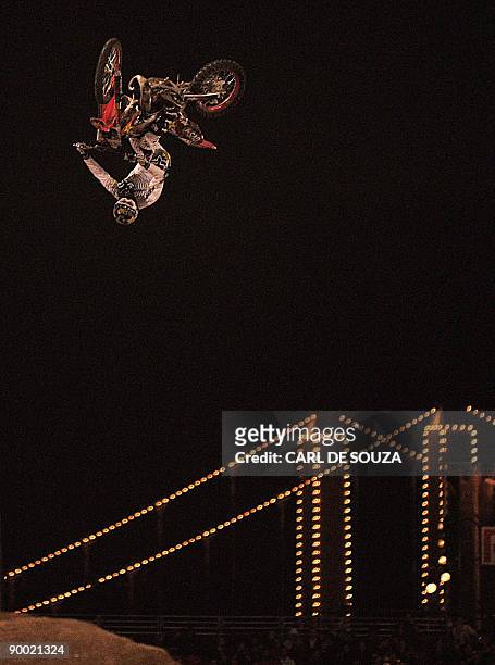 Motorcross rider Mike Mason is pictured in action at Battersea Power Station, in London on August 22, 2009. The rider was competing in the Red Bull X...