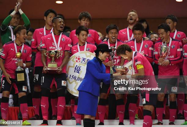 Captain, Yoichiro Kakitani of Cerezo Osaka receives the Emperor's Cup during the 97th All Japan Football Championship final between Cerezo Osaka and...