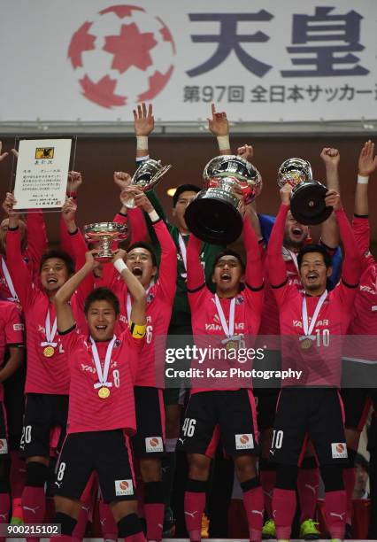 Captain, Yoichiro Kakitani of Cerezo Osaka lifts the Emperor's Cup during the 97th All Japan Football Championship final between Cerezo Osaka and...