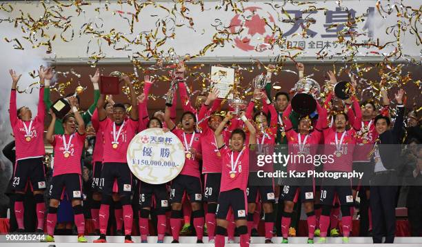 Captain, Yoichiro Kakitani of Cerezo Osaka lifts the Emperor's Cup during the 97th All Japan Football Championship final between Cerezo Osaka and...