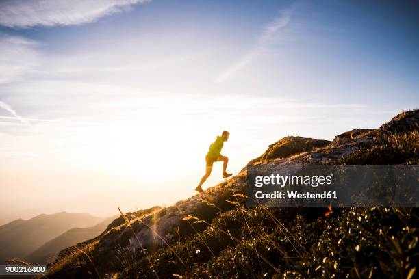 italy, man running on mountain trail - uphill stockfoto's en -beelden