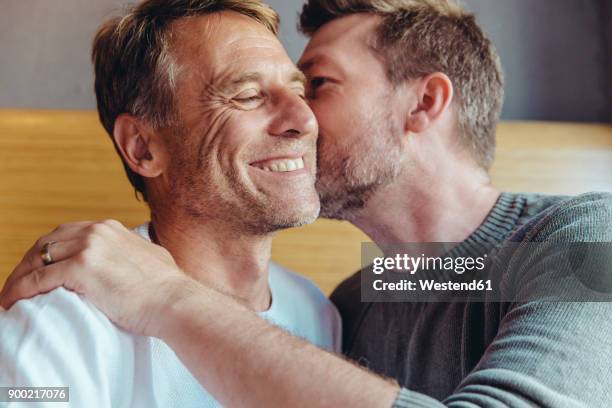 portrait of an affectionate gay couple - cheek kiss stock pictures, royalty-free photos & images