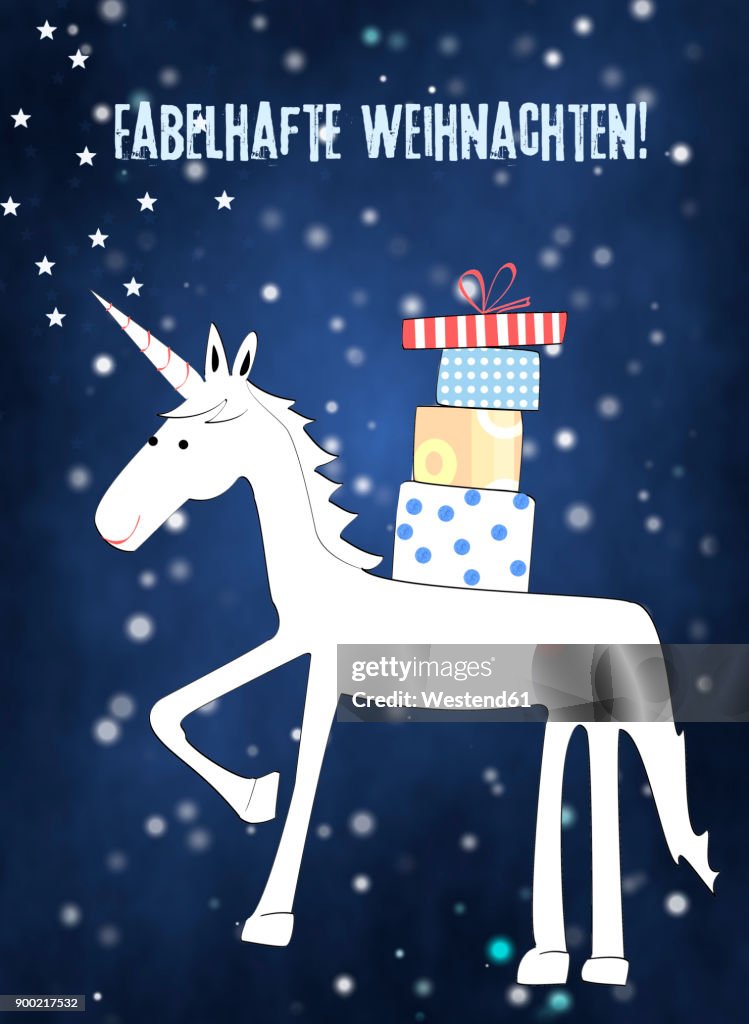 Christmas card of unicorn with Christman presents