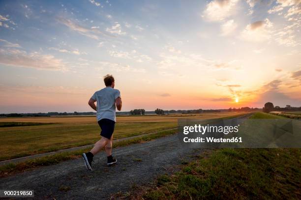 man running in rural landscape at sunset - forward athlete stockfoto's en -beelden