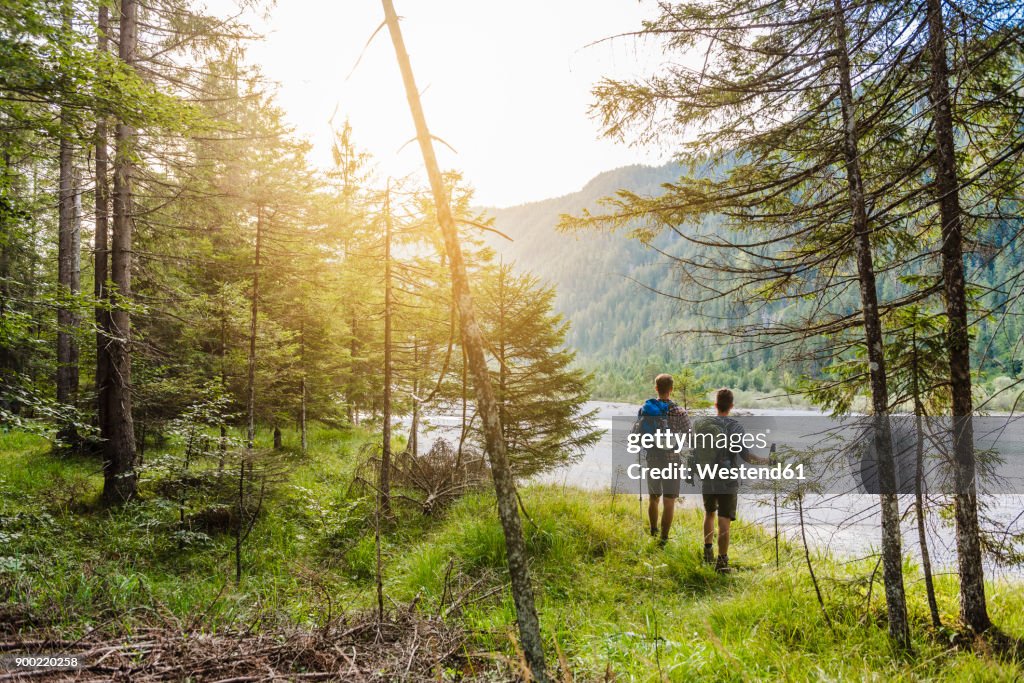 Germany, Bavaria, back view of two hikers with backpacks