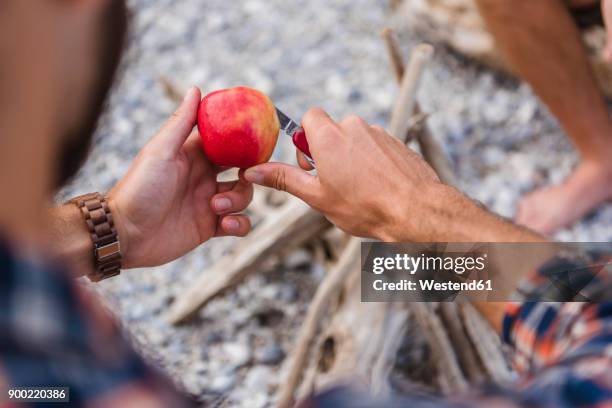 man's hand cutting apple at camp fire - hands resting stock pictures, royalty-free photos & images