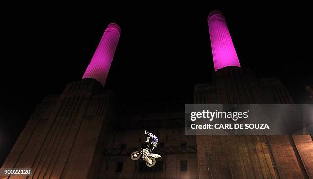 An unidentified motorcross rider is pictured in action at Battersea Power Station, London on August 22, 2009 during the Red Bull X Fighters world...