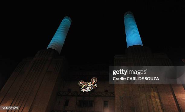 An unidentified motorcross rider is pictured in action at Battersea Power Station, London on August 22, 2009 during the Red Bull X Fighters world...