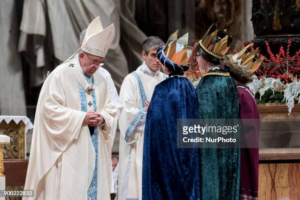 Pope Francis celebrates Mass of the Solemnity of Mary Most Holy, on the 51st world day of Peace on the theme Migrants and refugees: men and women in...