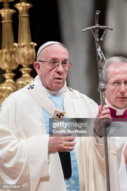 Pope Francis celebrates a new year's Mass in St. Peter's Basilica at the Vatican, Monday, Jan. 1, 2018.