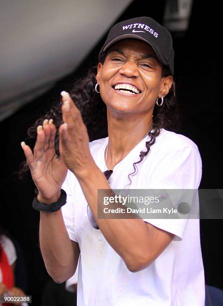 Gloria James having a good time dancing with kids on Nickelodeon stage at the LeBron James State Farm King For Kids Bike-a-thon at the Canal Park...