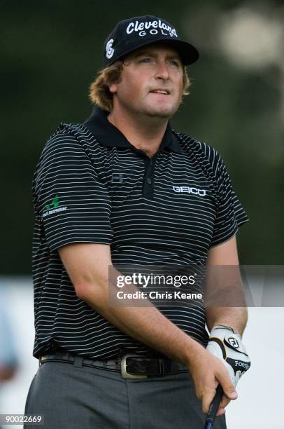 Steve Marino watches his drive on the 18th hole during the third round of the Wyndham Championship at Sedgefield Country Club on August 22, 2009 in...