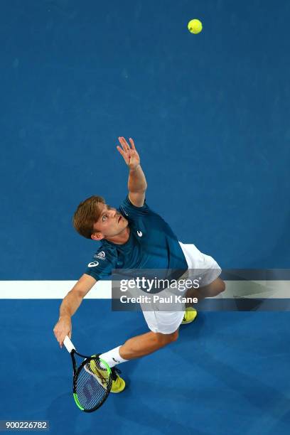 David Goffin of Belgium serves to Alexander Zverev of Germany in the mens singles match on day 3 during the 2018 Hopman Cup at Perth Arena on January...