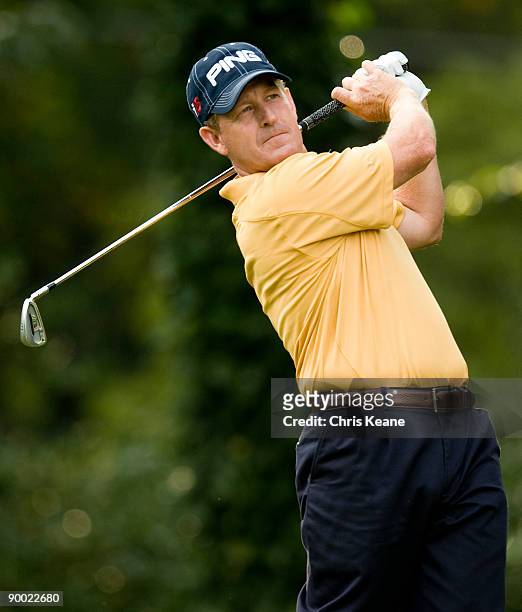 Jeff Maggert watches his drive on the sixth hole during the third round of the Wyndham Championship at Sedgefield Country Club on August 22, 2009 in...