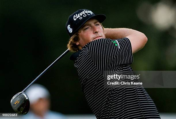 Steve Marino watches his drive on the 18th hole during the third round of the Wyndham Championship at Sedgefield Country Club on August 22, 2009 in...